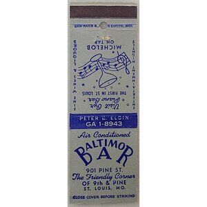 Vintage Baltimor Bar Matchbook St. Louis MO Missouri Piano Pub Front Strike